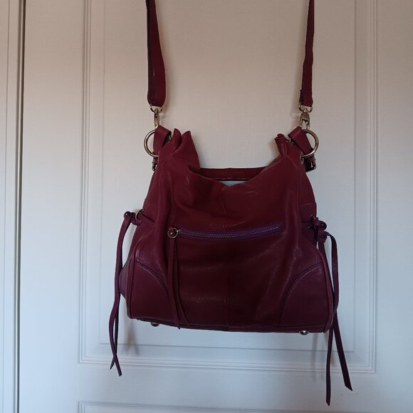 Soriel New York Leather Hobo Handbag, Raspberry color, Silver tone hardware - Picture 3 of 12